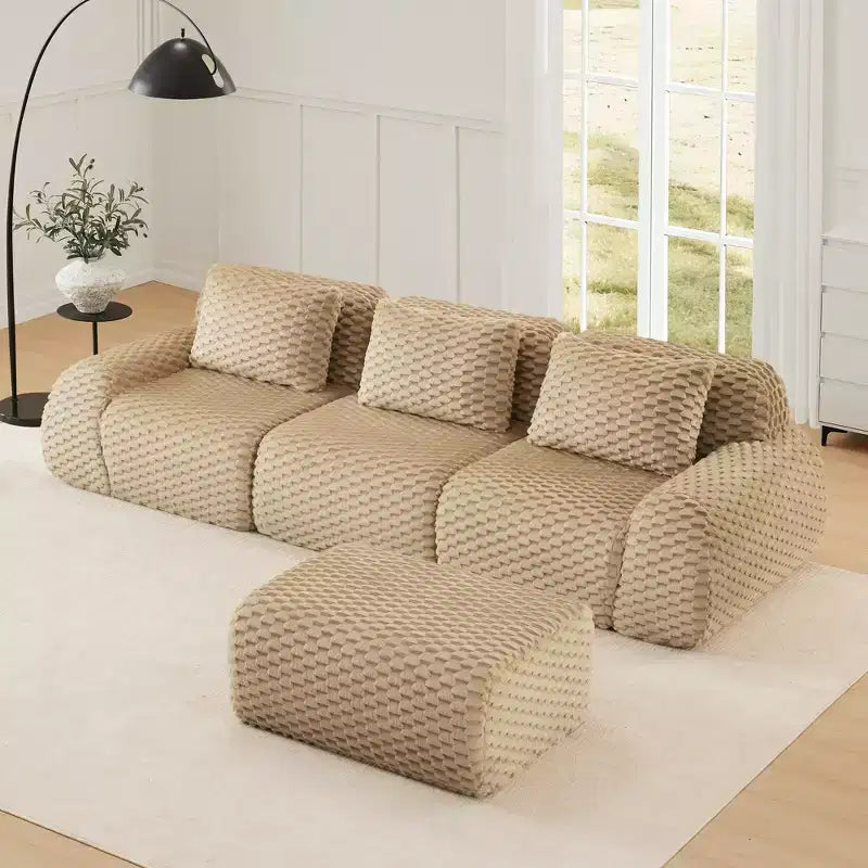 Canapé modulable en forme de L en flanelle 3 places, pouf à boucle, aucun assemblage requis, couleur camel clair