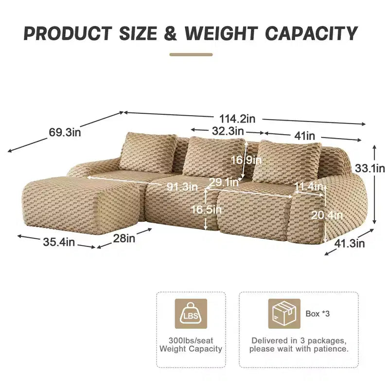 Canapé modulable en forme de L en flanelle 3 places, pouf à boucle, aucun assemblage requis, couleur camel clair