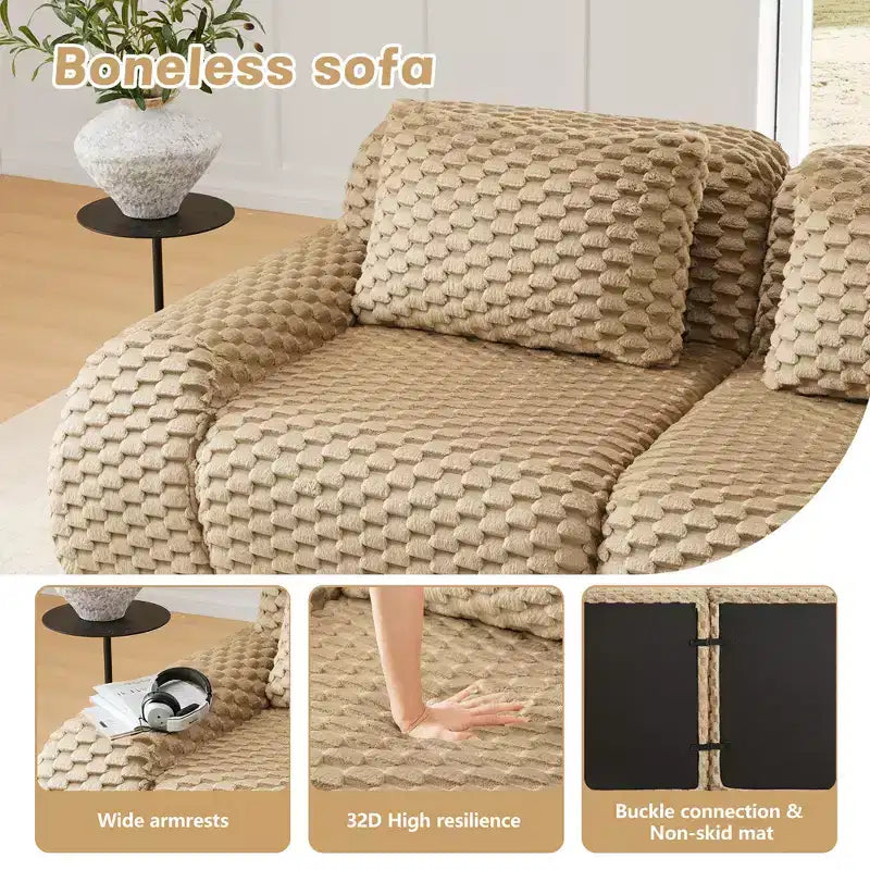 Canapé modulable en forme de L en flanelle 3 places, pouf à boucle, aucun assemblage requis, couleur camel clair