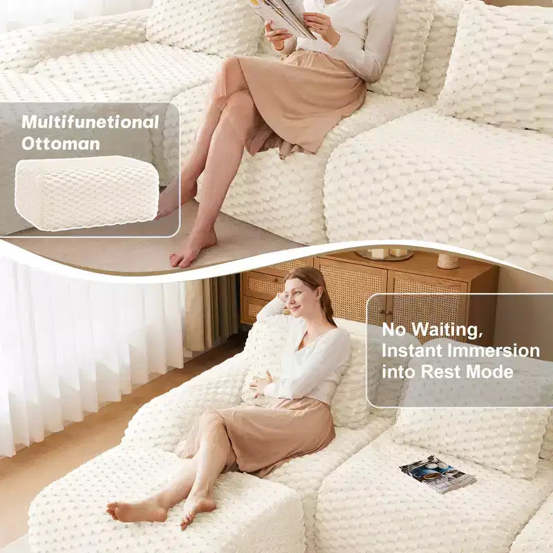 114 Canapé d'angle modulable en flanelle, 3 places, assise profonde, avec boucles, sans montage, crème