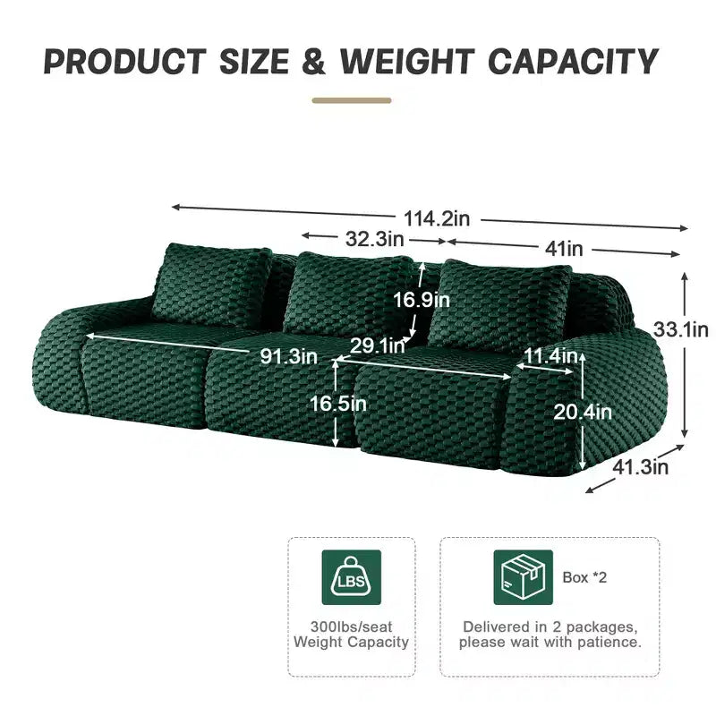 114 Canapé d'angle modulable en flanelle 3 places, assise profonde, boucle, aucun assemblage requis, vert