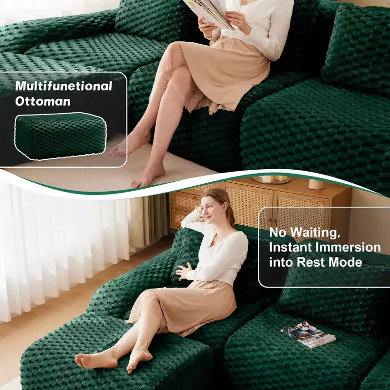 114 Canapé d'angle modulable en flanelle 3 places, assise profonde, boucle, aucun assemblage requis, vert