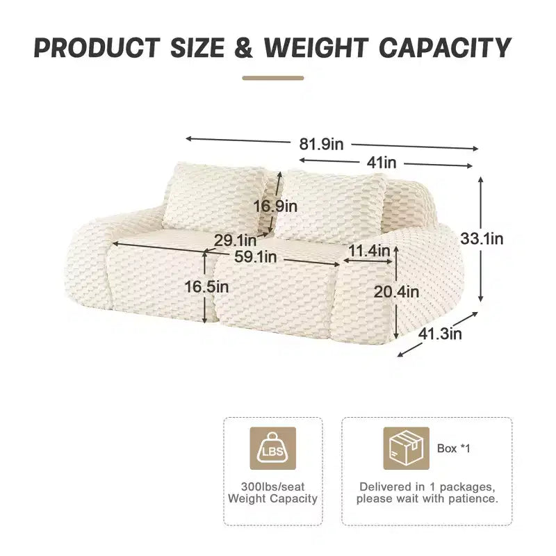 Canapé sectionnel modulaire 82 en flanelle 2 places, assise profonde, boucle, aucun assemblage requis, crème