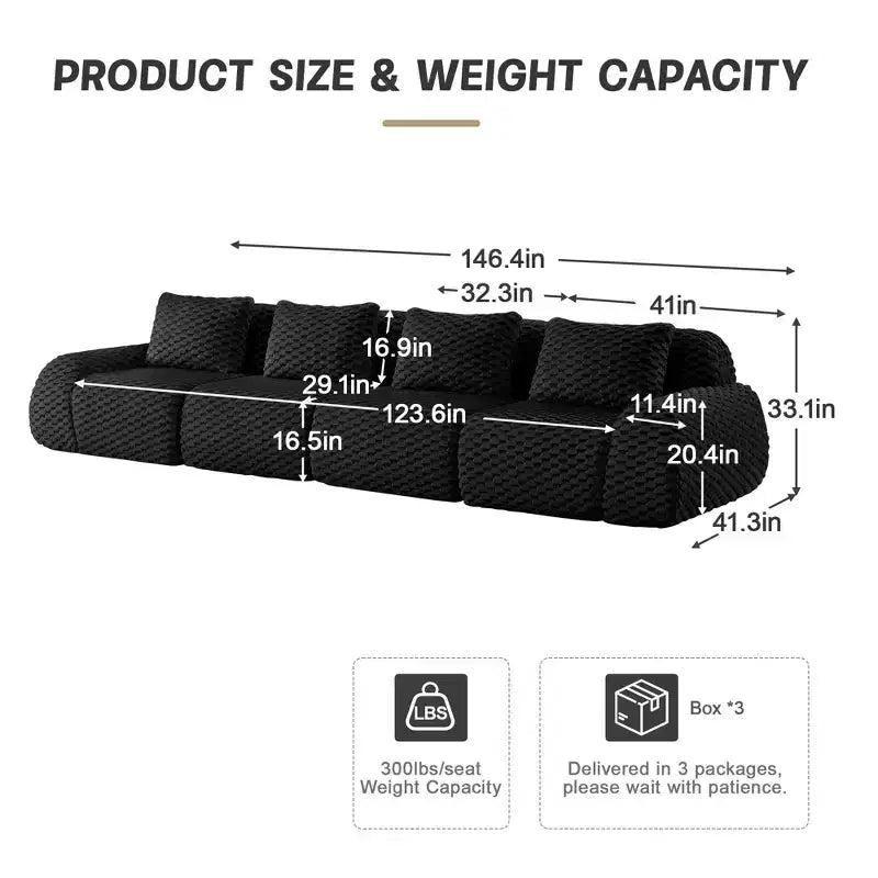 Canapé d'angle modulaire 146 places en flanelle assise profonde avec boucle, noir, pas de montage