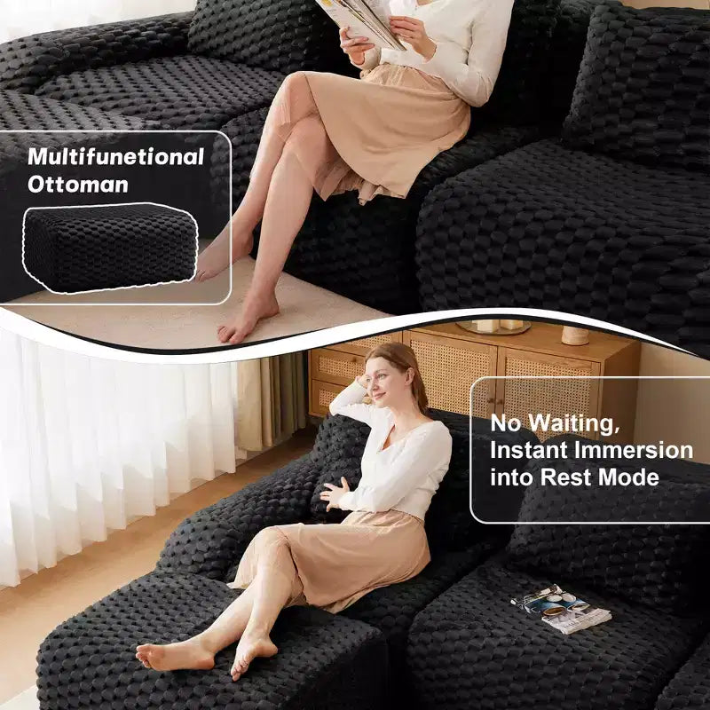 Canapé d'angle modulaire 146 places en flanelle assise profonde avec boucle, noir, pas de montage