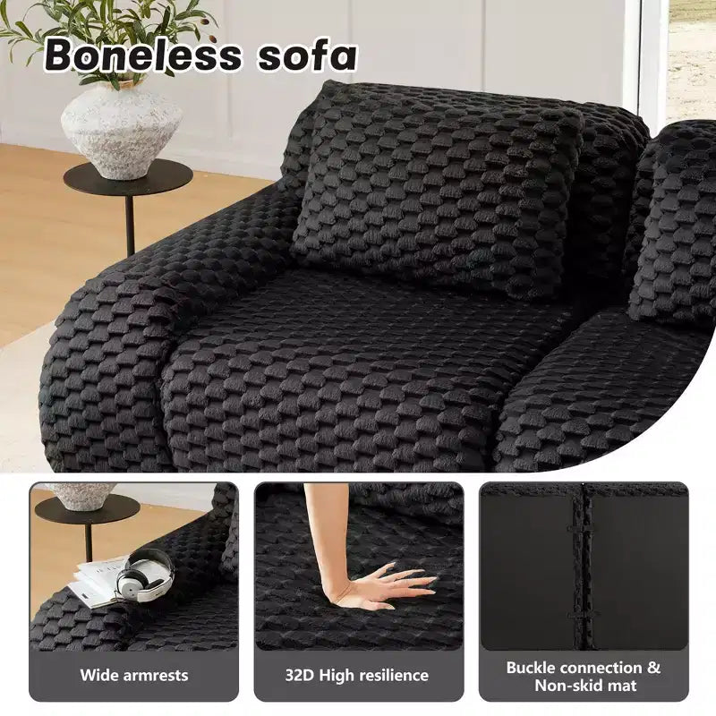 Canapé d'angle modulaire 146 places en flanelle assise profonde avec boucle, noir, pas de montage