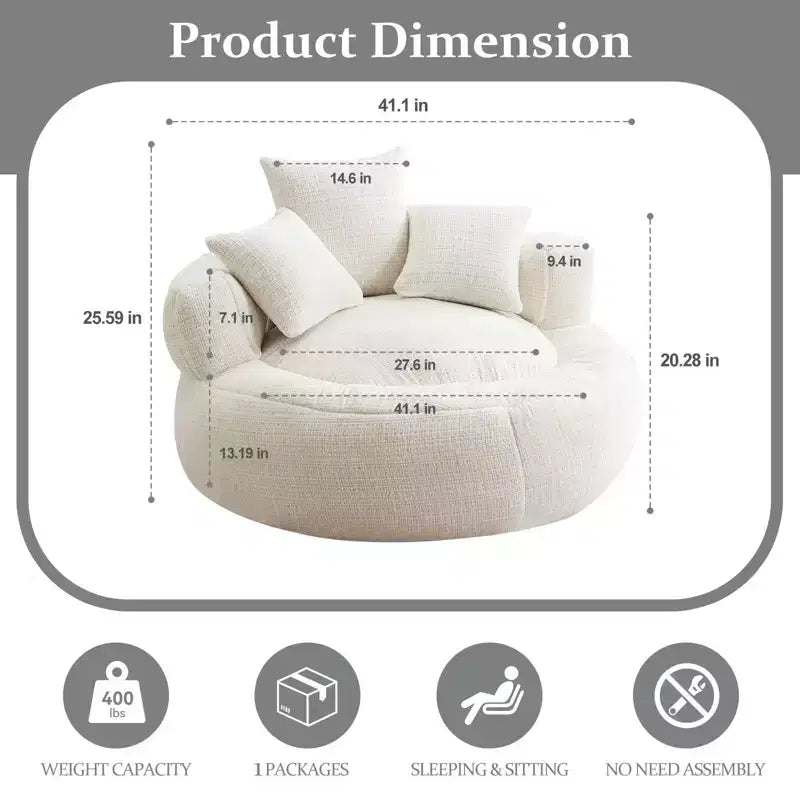 Pouf fauteuil rond ultra doux en chenille et mousse Efomao – Taille XXL confortable avec accoudoirs et 3 coussins – Pour adultes/adolescents (blanc)
