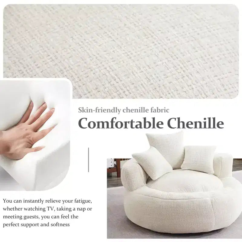 Pouf fauteuil rond ultra doux en chenille et mousse Efomao – Taille XXL confortable avec accoudoirs et 3 coussins – Pour adultes/adolescents (blanc)