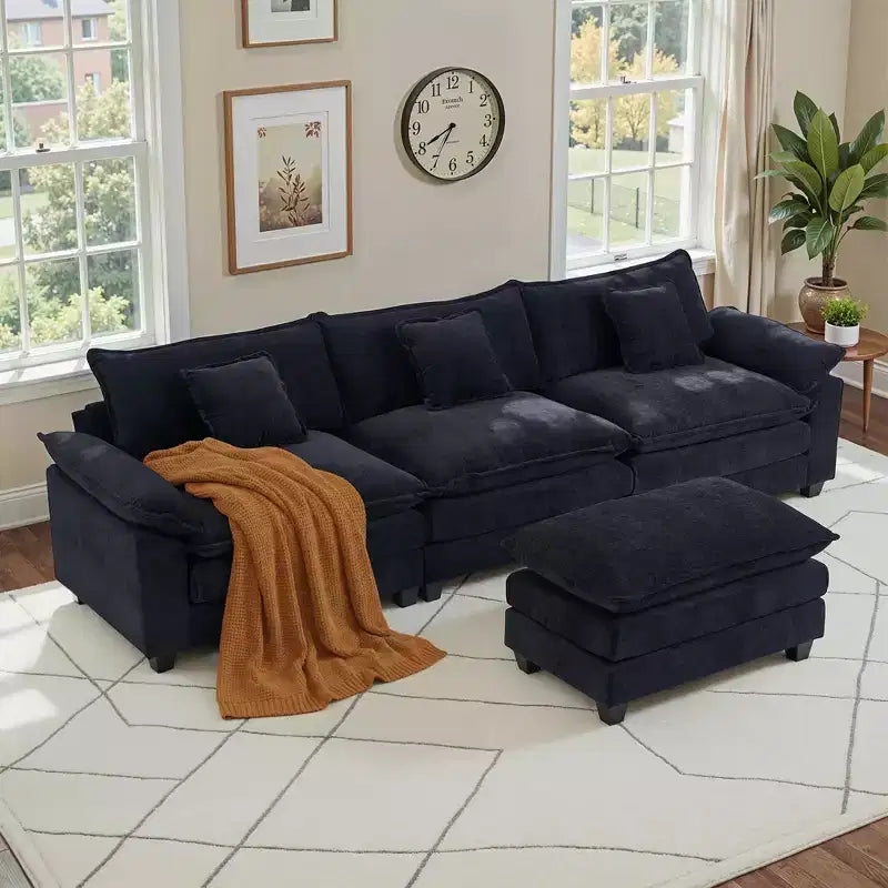 Canapé modulable en forme de L EHMKNP 112, canapé moelleux et confortable avec pouf mobile, coussins d'assise profonds pour salon