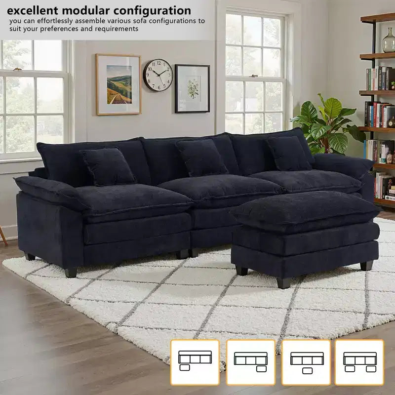 Canapé modulable en forme de L EHMKNP 112, canapé moelleux et confortable avec pouf mobile, coussins d'assise profonds pour salon