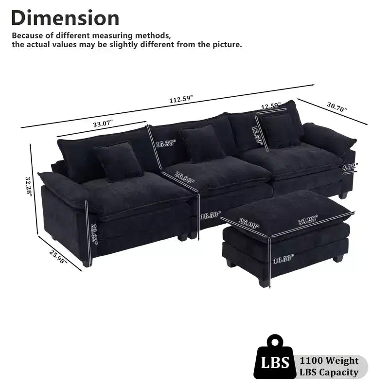 Canapé modulable en forme de L EHMKNP 112, canapé moelleux et confortable avec pouf mobile, coussins d'assise profonds pour salon