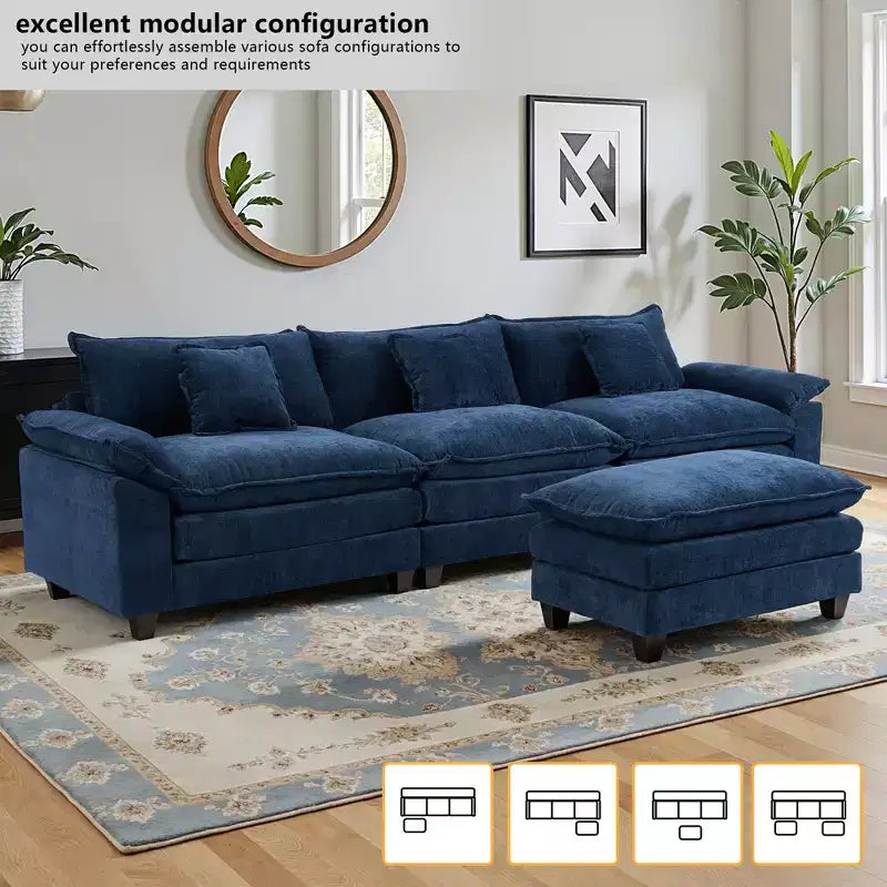 Canapé modulable en forme de L EHMKNP 112, canapé moelleux et confortable avec pouf mobile, coussins d'assise profonds pour salon