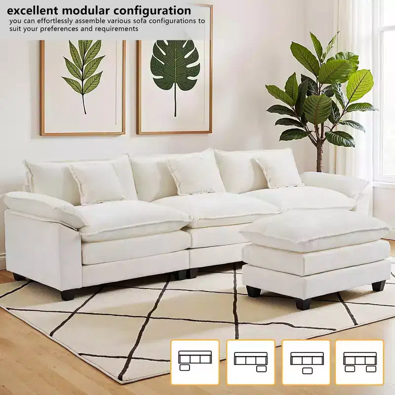 Canapé modulable en forme de L EHMKNP 112, canapé moelleux et confortable avec pouf mobile, coussins d'assise profonds pour salon