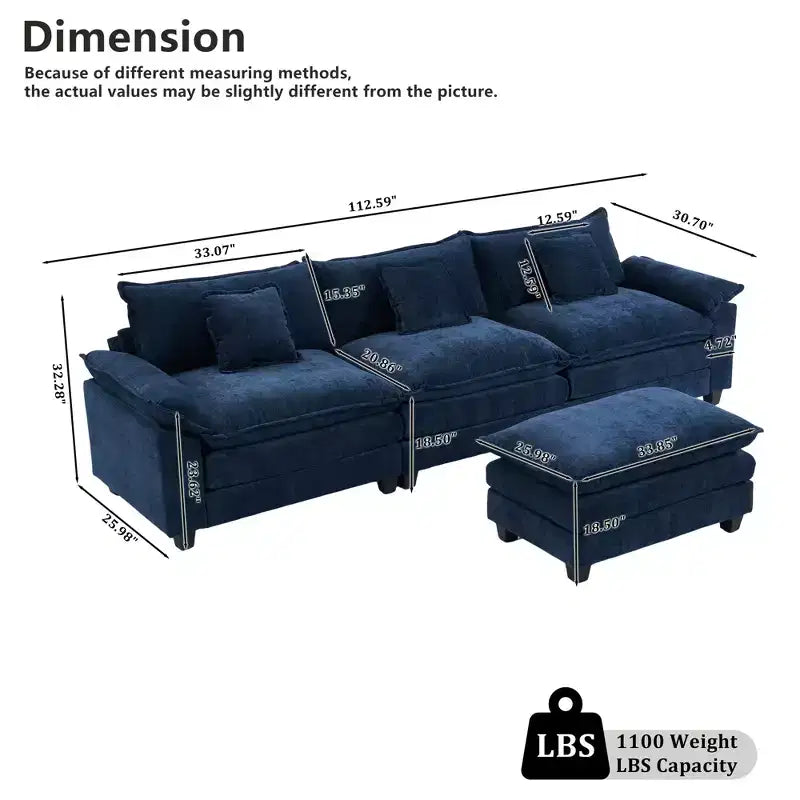 Canapé modulable en forme de L EHMKNP 112, canapé moelleux et confortable avec pouf mobile, coussins d'assise profonds pour salon