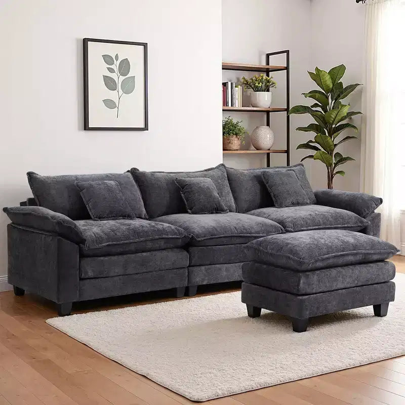 Canapé modulable en forme de L EHMKNP 112, canapé moelleux et confortable avec pouf mobile, coussins d'assise profonds pour salon