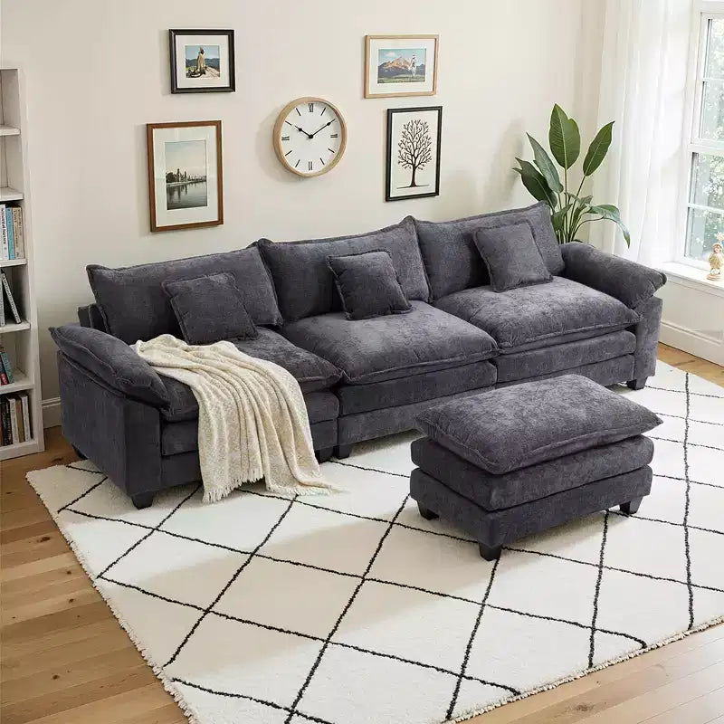 Canapé modulable en forme de L EHMKNP 112, canapé moelleux et confortable avec pouf mobile, coussins d'assise profonds pour salon