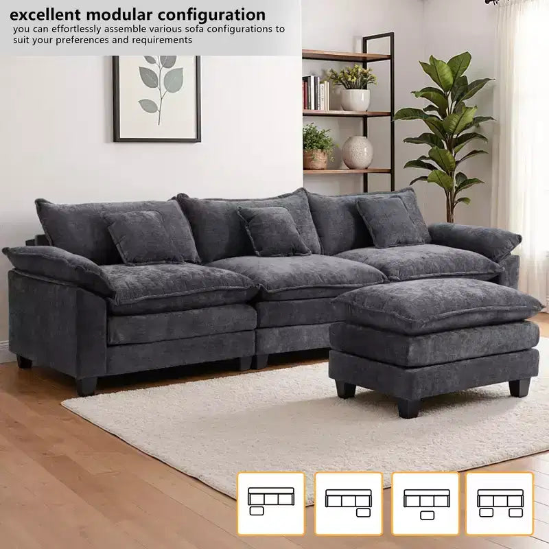 Canapé modulable en forme de L EHMKNP 112, canapé moelleux et confortable avec pouf mobile, coussins d'assise profonds pour salon