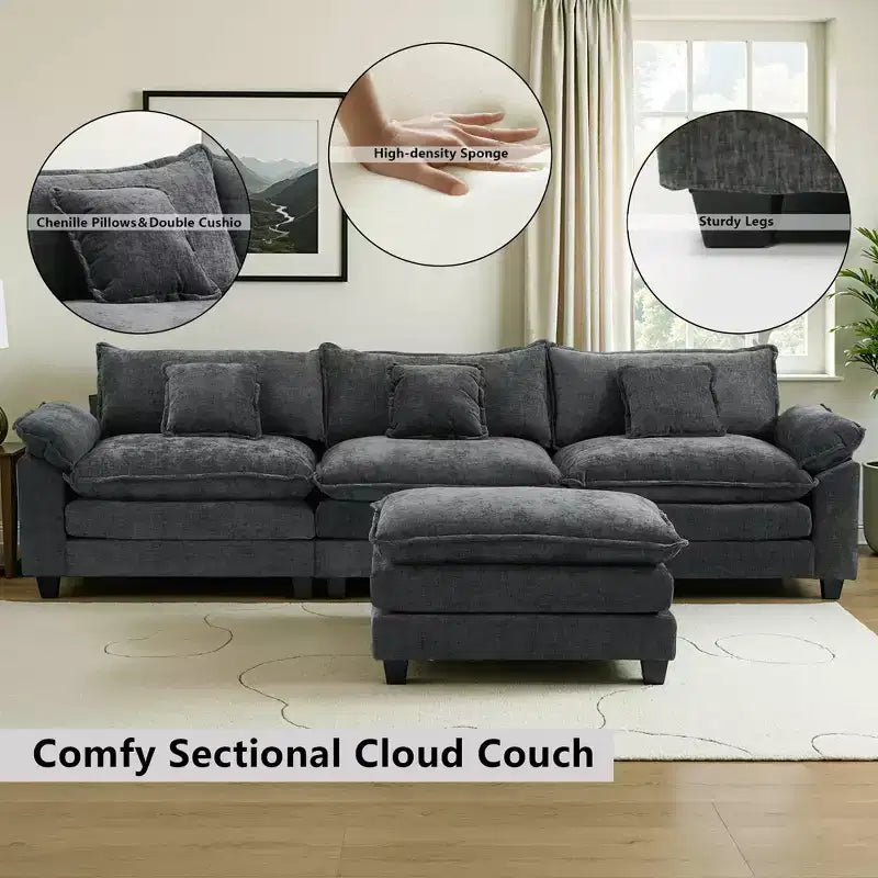 Canapé modulable en forme de L EHMKNP 112, canapé moelleux et confortable avec pouf mobile, coussins d'assise profonds pour salon