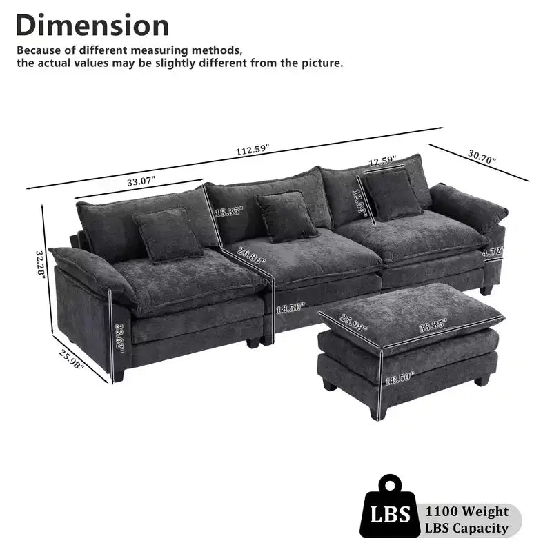 Canapé modulable en forme de L EHMKNP 112, canapé moelleux et confortable avec pouf mobile, coussins d'assise profonds pour salon