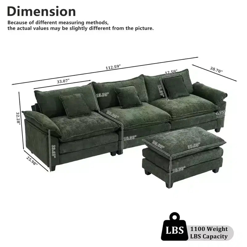 Canapé modulable en forme de L EHMKNP 112, canapé moelleux et confortable avec pouf mobile, coussins d'assise profonds pour salon