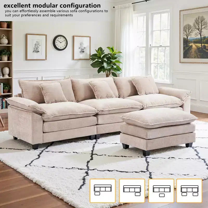 Canapé modulable en forme de L EHMKNP 112, canapé moelleux et confortable avec pouf mobile, coussins d'assise profonds pour salon