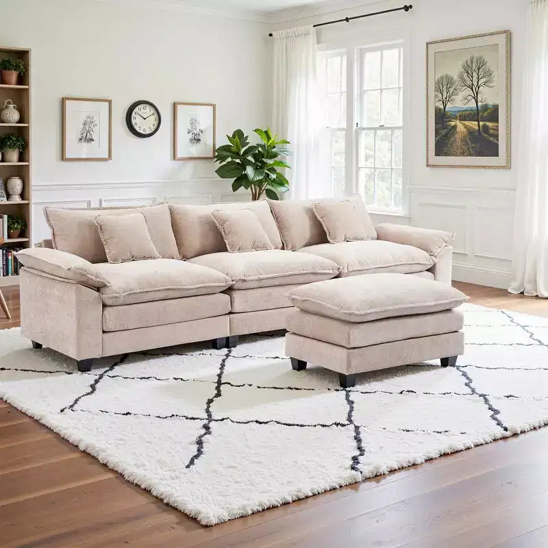 Canapé modulable en forme de L EHMKNP 112, canapé moelleux et confortable avec pouf mobile, coussins d'assise profonds pour salon