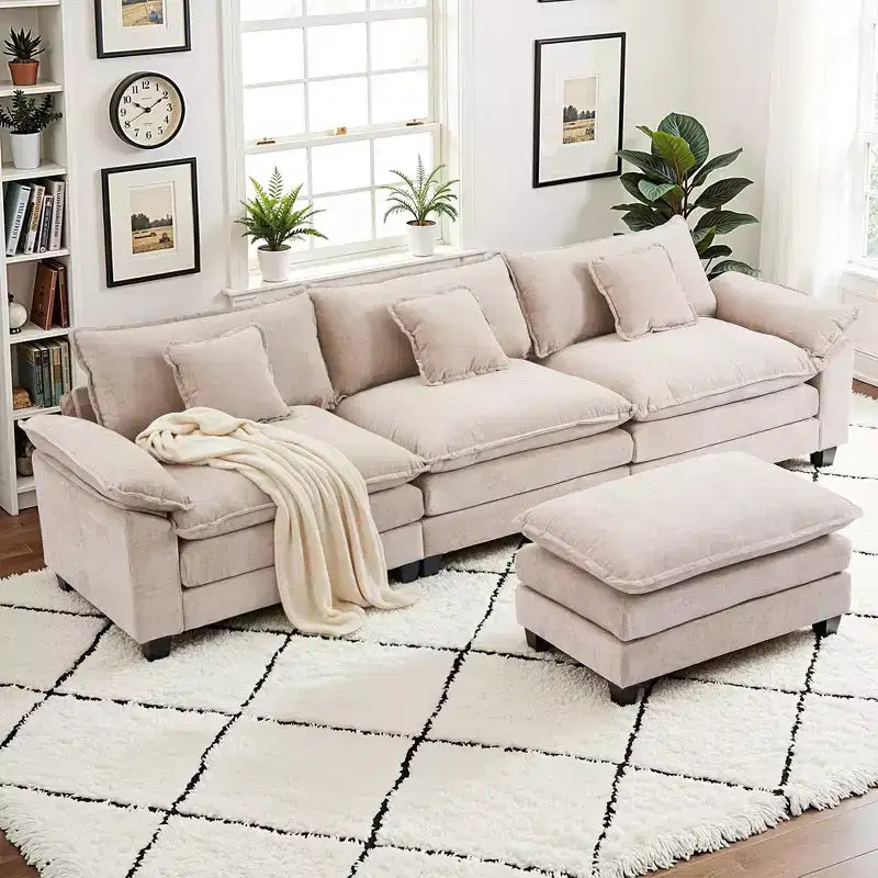 Canapé modulable en forme de L EHMKNP 112, canapé moelleux et confortable avec pouf mobile, coussins d'assise profonds pour salon