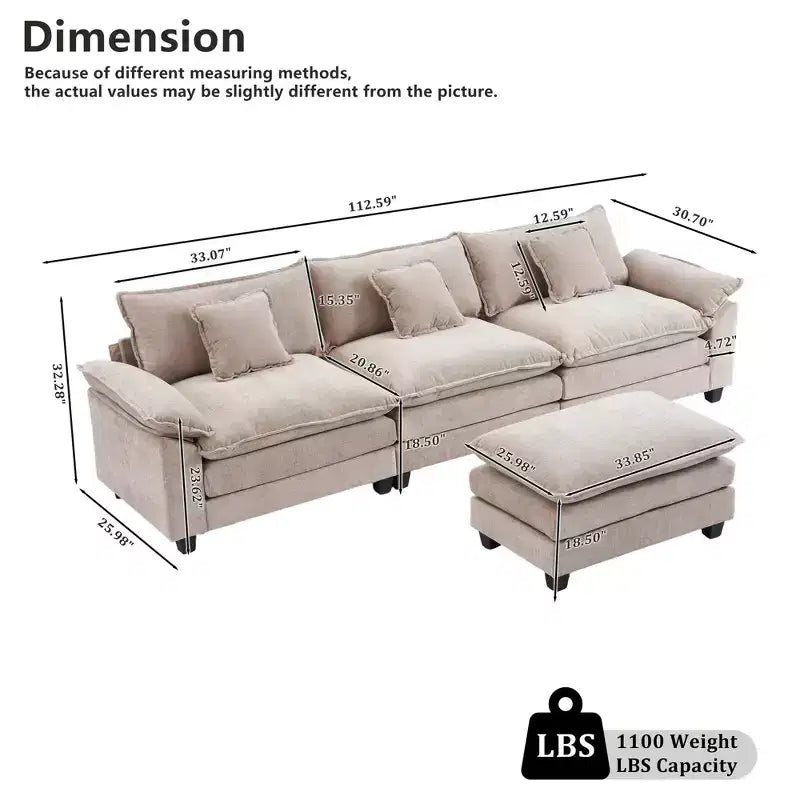 Canapé modulable en forme de L EHMKNP 112, canapé moelleux et confortable avec pouf mobile, coussins d'assise profonds pour salon
