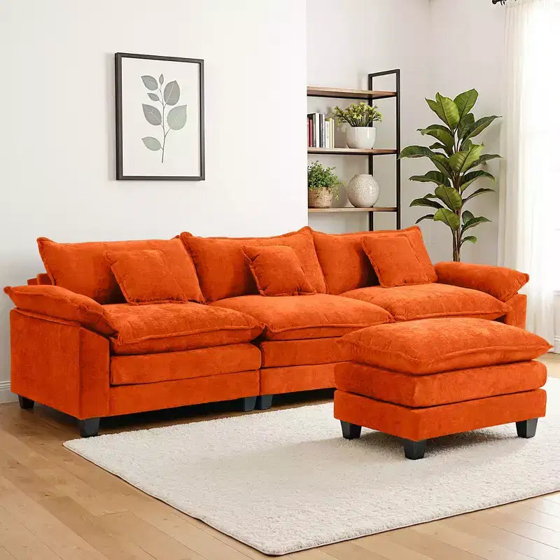 Canapé modulable en forme de L EHMKNP 112, canapé moelleux et confortable avec pouf mobile, coussins d'assise profonds pour salon