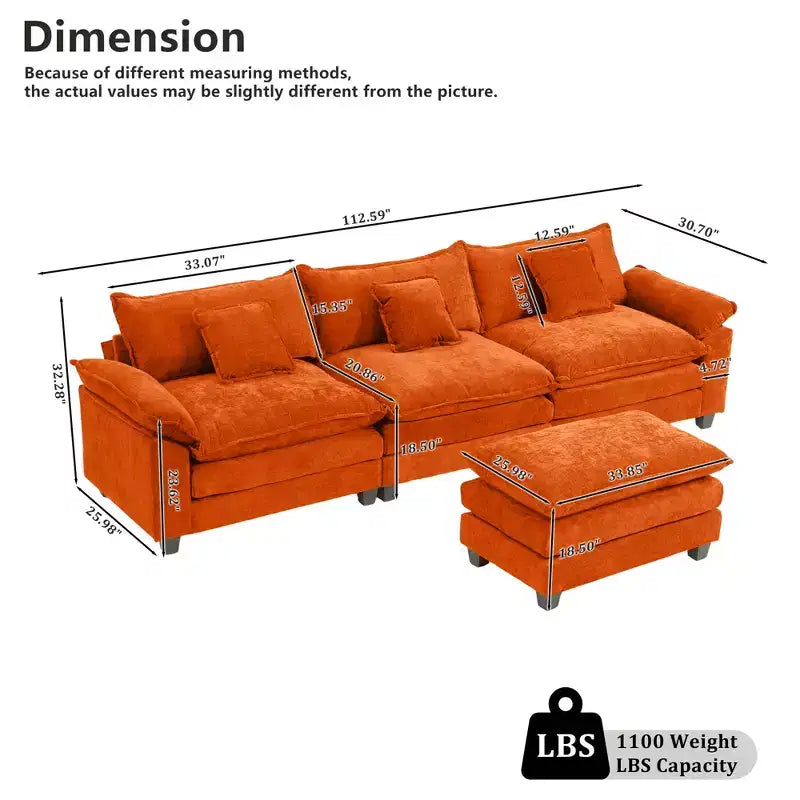 Canapé modulable en forme de L EHMKNP 112, canapé moelleux et confortable avec pouf mobile, coussins d'assise profonds pour salon