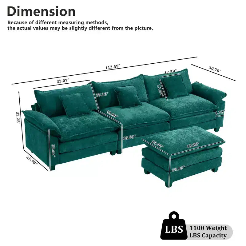 Canapé modulable en forme de L EHMKNP 112, canapé moelleux et confortable avec pouf mobile, coussins d'assise profonds pour salon