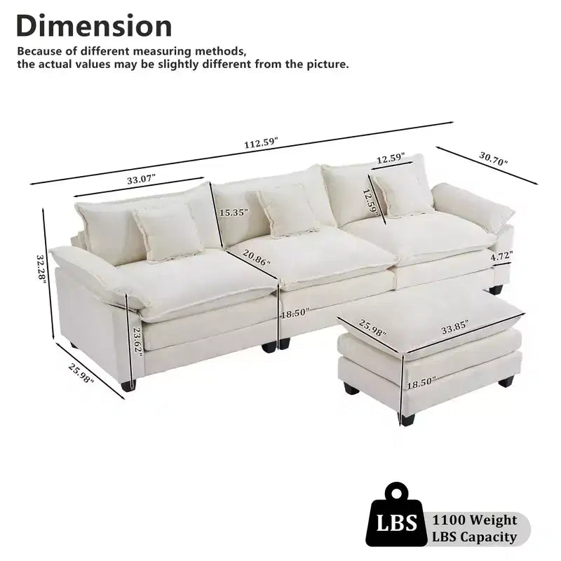 Canapé modulable en forme de L EHMKNP 112, canapé moelleux et confortable avec pouf mobile, coussins d'assise profonds pour salon