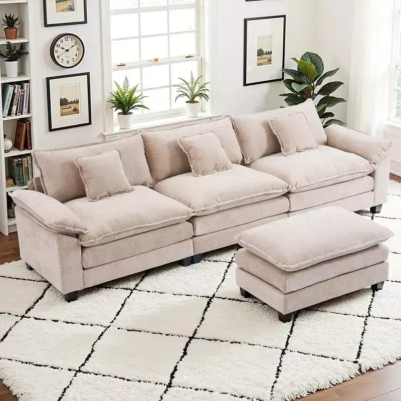 Canapé modulable en forme de L EHMKNP 112, canapé moelleux et confortable avec pouf mobile, coussins d'assise profonds pour salon