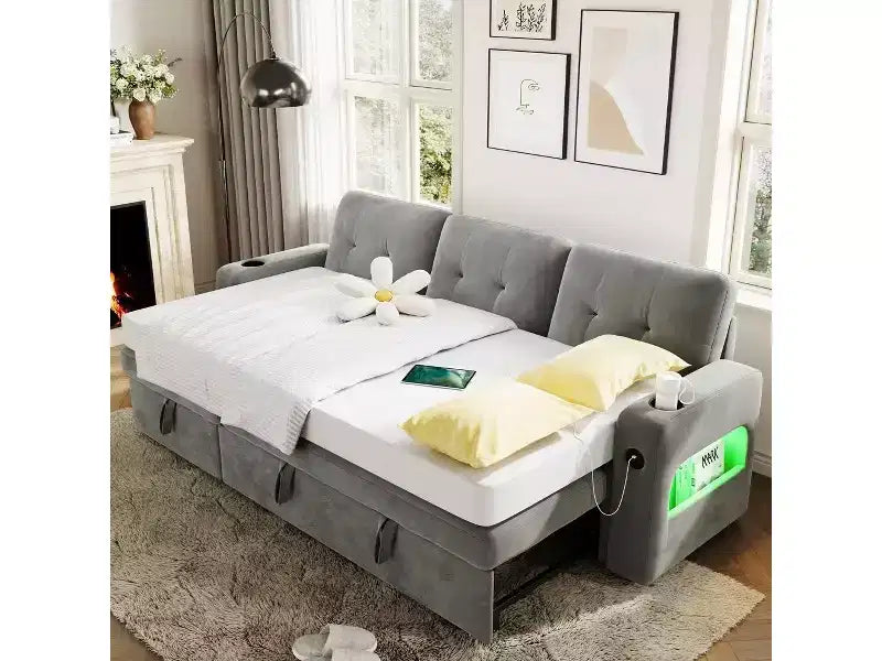 COZONY 84 Canapé-lit avec rangement, Canapé-lit sectionnel convertible en velours avec lumières LED, méridienne réversible et lit gigogne pour salon
