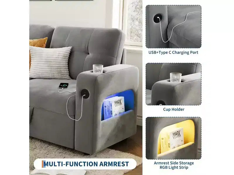 COZONY 84 Canapé-lit avec rangement, Canapé-lit sectionnel convertible en velours avec lumières LED, méridienne réversible et lit gigogne pour salon
