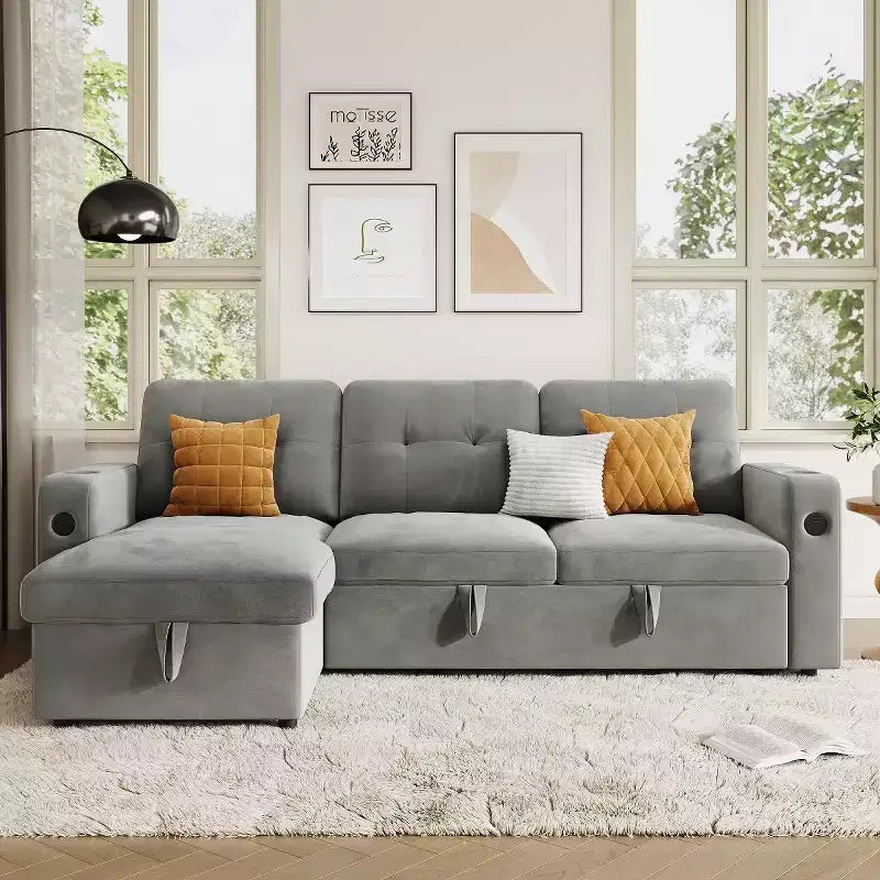 COZONY 84 Canapé-lit avec rangement, Canapé-lit sectionnel convertible en velours avec lumières LED, méridienne réversible et lit gigogne pour salon
