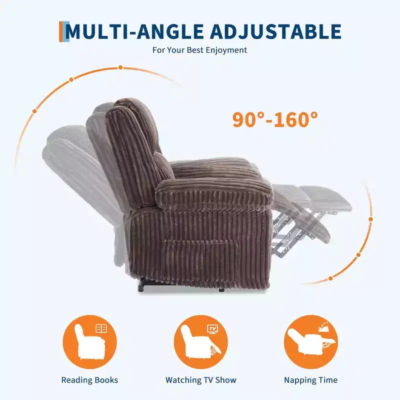 Fauteuil inclinable en velours côtelé, canapé inclinable manuel avec poignée, accoudoirs rembourrés, rembourrage épais, poche latérale, salon, chambre, salle de cinéma maison, gris foncé