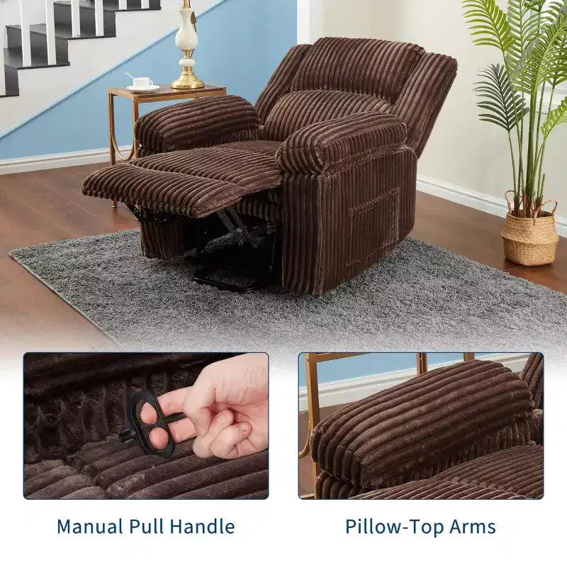 Fauteuil inclinable en velours côtelé, canapé inclinable manuel avec poignée, accoudoirs rembourrés, rembourrage épais, poche latérale, salon, chambre, salle de cinéma maison, gris foncé