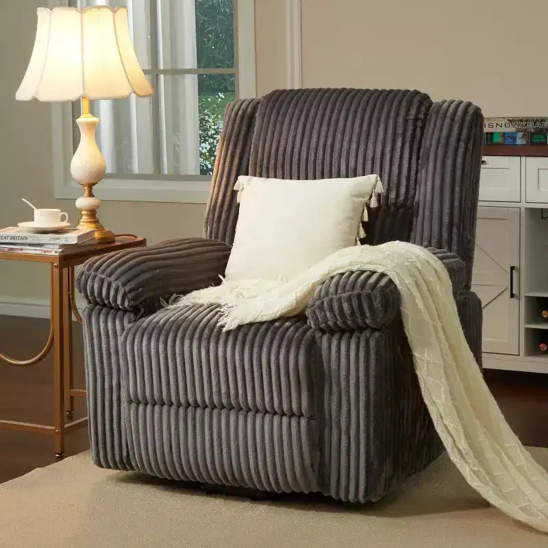 Fauteuil inclinable en velours côtelé, canapé inclinable manuel avec poignée, accoudoirs rembourrés, rembourrage épais, poche latérale, salon, chambre, salle de cinéma maison, gris foncé