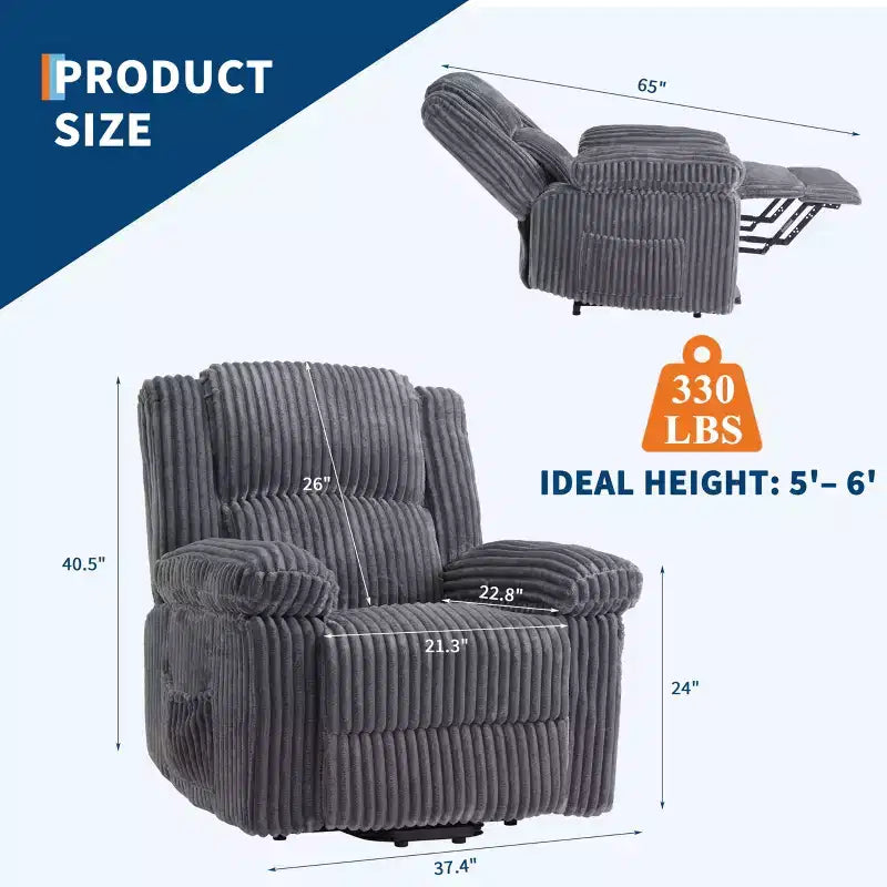 Fauteuil inclinable en velours côtelé, canapé inclinable manuel avec poignée, accoudoirs rembourrés, rembourrage épais, poche latérale, salon, chambre, salle de cinéma maison, gris foncé