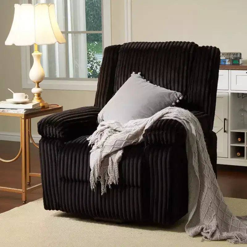 Fauteuil inclinable en velours côtelé, canapé inclinable manuel avec poignée, accoudoirs rembourrés, rembourrage épais, poche latérale, salon, chambre, salle de cinéma maison, gris foncé
