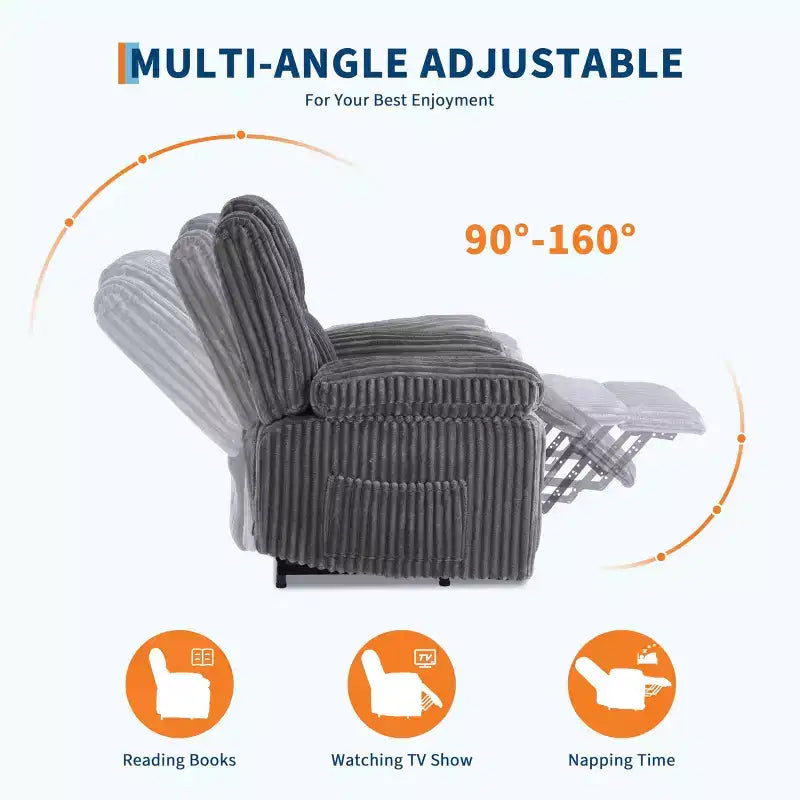 Fauteuil inclinable en velours côtelé, canapé inclinable manuel avec poignée, accoudoirs rembourrés, rembourrage épais, poche latérale, salon, chambre, salle de cinéma maison, gris foncé