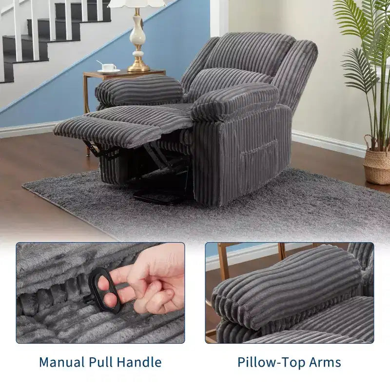 Fauteuil inclinable en velours côtelé, canapé inclinable manuel avec poignée, accoudoirs rembourrés, rembourrage épais, poche latérale, salon, chambre, salle de cinéma maison, gris foncé