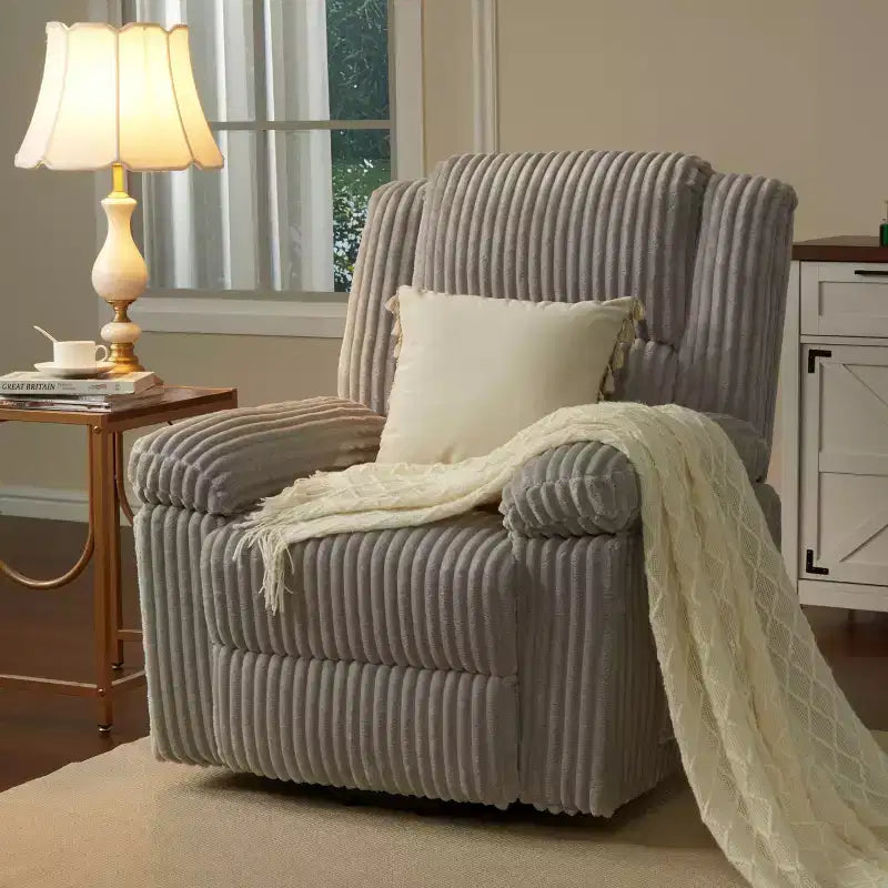 Fauteuil inclinable en velours côtelé, canapé inclinable manuel avec poignée, accoudoirs rembourrés, rembourrage épais, poche latérale, salon, chambre, salle de cinéma maison, gris foncé