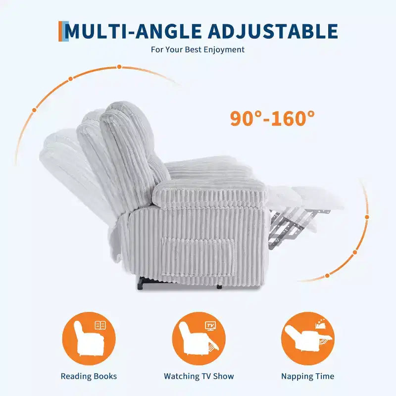 Fauteuil inclinable en velours côtelé, canapé inclinable manuel avec poignée, accoudoirs rembourrés, rembourrage épais, poche latérale, salon, chambre, salle de cinéma maison, gris foncé