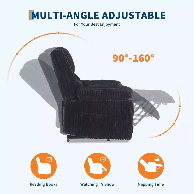 Fauteuil inclinable en velours côtelé, canapé inclinable manuel avec poignée, accoudoirs rembourrés, rembourrage épais, poche latérale, salon, chambre, salle de cinéma maison, gris foncé