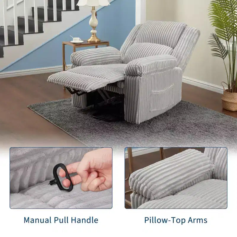 Fauteuil inclinable en velours côtelé, canapé inclinable manuel avec poignée, accoudoirs rembourrés, rembourrage épais, poche latérale, salon, chambre, salle de cinéma maison, gris foncé