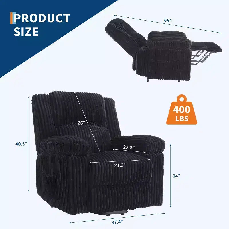 Fauteuil inclinable en velours côtelé, canapé inclinable manuel avec poignée, accoudoirs rembourrés, rembourrage épais, poche latérale, salon, chambre, salle de cinéma maison, gris foncé