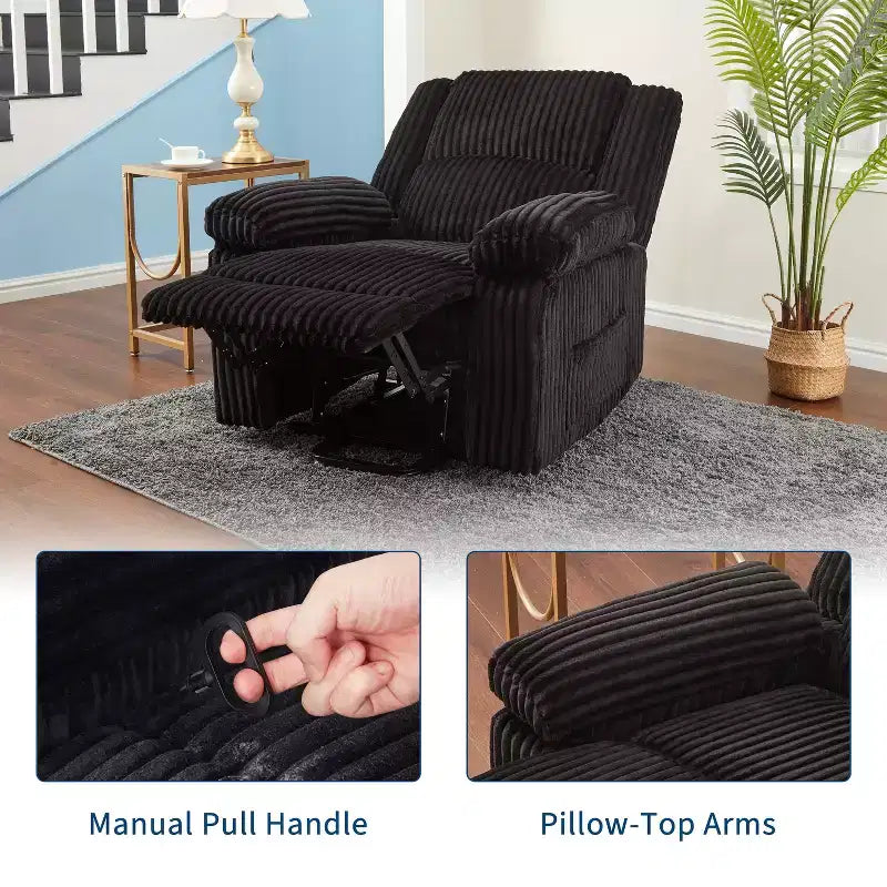 Fauteuil inclinable en velours côtelé, canapé inclinable manuel avec poignée, accoudoirs rembourrés, rembourrage épais, poche latérale, salon, chambre, salle de cinéma maison, gris foncé