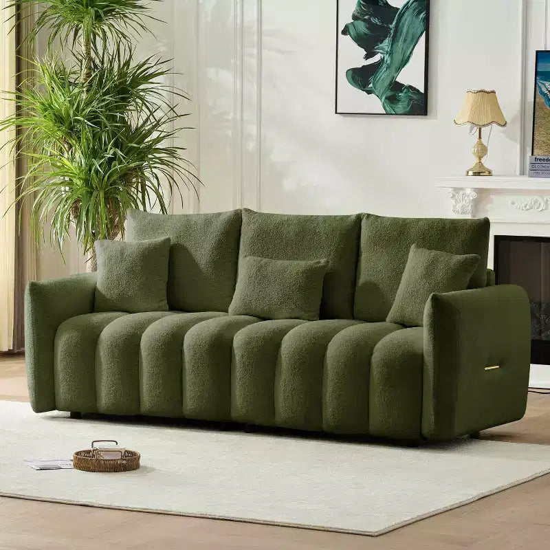 MAYEERTY Canapé haut de gamme en tissu Teddy 198 cm avec 3 coussins de dossier et 3 coussins de traversin Cadre en bois massif Canapé 3 places avec fauteuil rembourré surdimensionné Vert